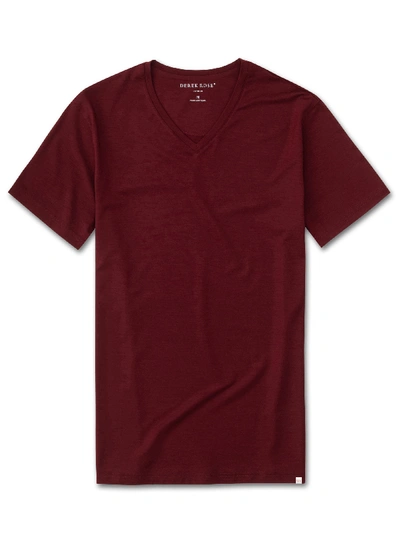 Shop Derek Rose Men's Short Sleeve V-neck T-shirt Basel 7 Micro Modal Stretch Burgundy