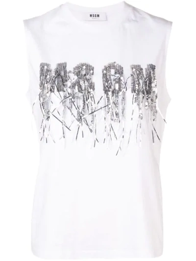 Shop Msgm Sequin Tassel Logo Top In White