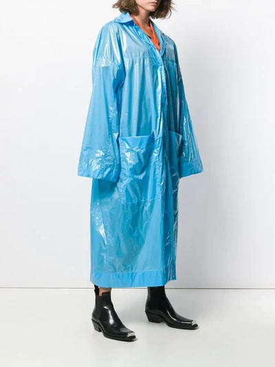 Shop Kwaidan Editions Wet Look Buttoned Coat In Blue