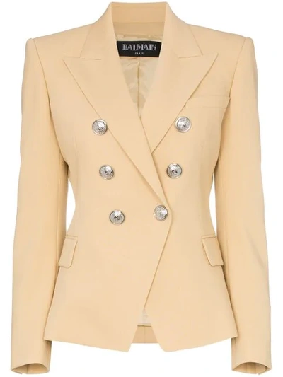 Shop Balmain Double-breasted Wool Blazer In Neutrals