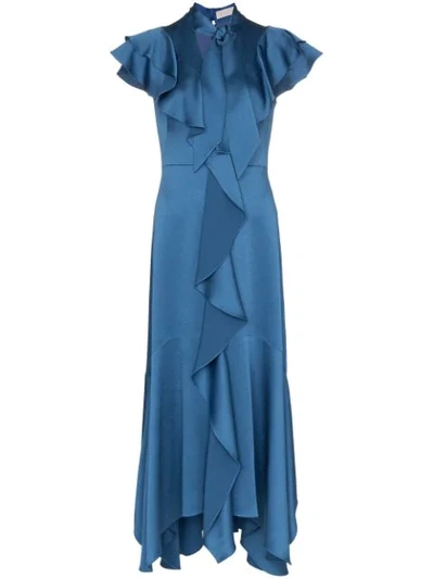 Shop Peter Pilotto Tie-neck Ruffled Dress In Blue