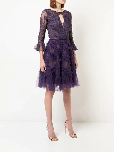 MARCHESA NOTTE KEYHOLE LACE MIDI DRESS - 紫色