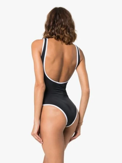 Shop Balmain Logo Print Swimsuit In  Black/ White