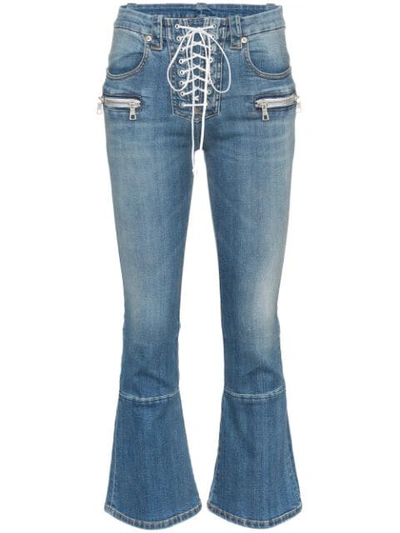 Shop Ben Taverniti Unravel Project Mid Rise Lace-up Cropped Kick Flare Jeans In Blue