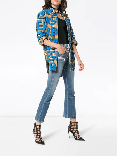 Shop Ben Taverniti Unravel Project Mid Rise Lace-up Cropped Kick Flare Jeans In Blue