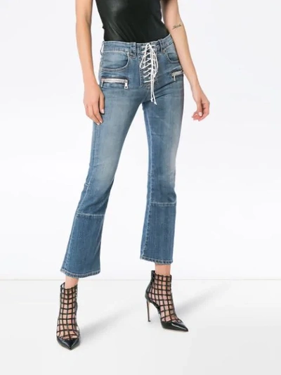 Shop Ben Taverniti Unravel Project Mid Rise Lace-up Cropped Kick Flare Jeans In Blue