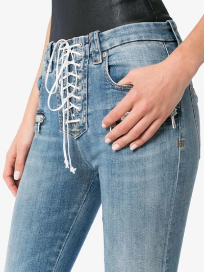 Shop Ben Taverniti Unravel Project Mid Rise Lace-up Cropped Kick Flare Jeans In Blue