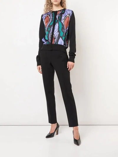 Shop Carolina Herrera Feather Printed Panel Cardigan In Black Multi