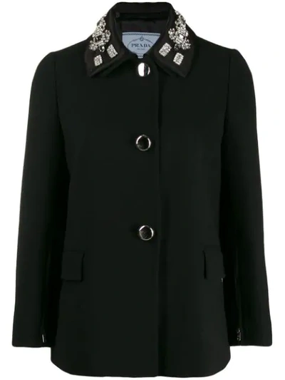 Shop Prada Crystal Embellished Collar Jacket In Black