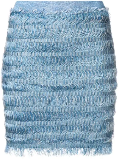 Shop Balmain Fringe Pencil Skirt In Blue