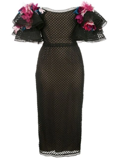 Shop Marchesa Oversized Sleeve Floral Appliqué Dress In Black