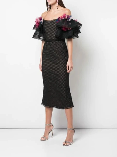 Shop Marchesa Oversized Sleeve Floral Appliqué Dress In Black