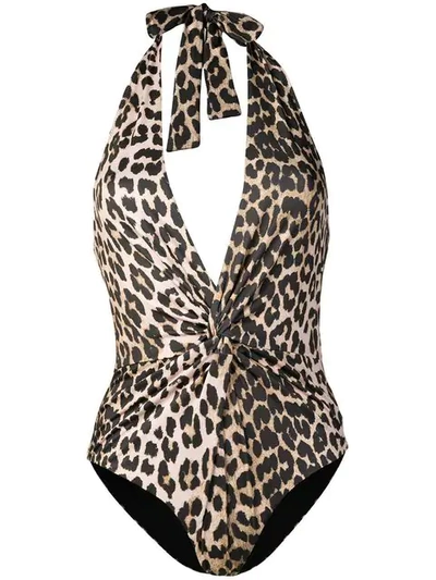 Shop Ganni Leopard Print Halterneck Swimsuit In Neutrals