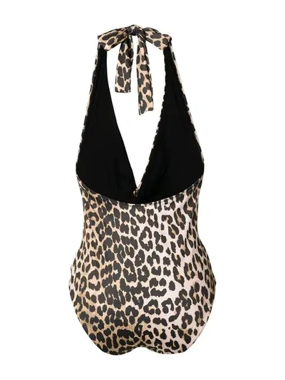 Shop Ganni Leopard Print Halterneck Swimsuit In Neutrals