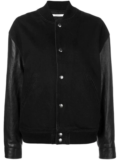 Shop Givenchy Leather Sleeve Bomber Jacket In 001 Black