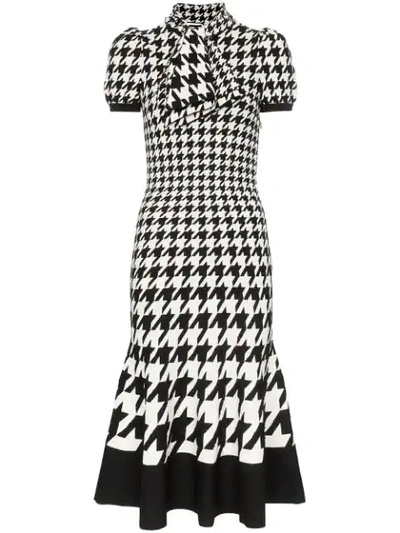 Shop Alexander Mcqueen Tie-neck Houndstooth Midi-dress In Black