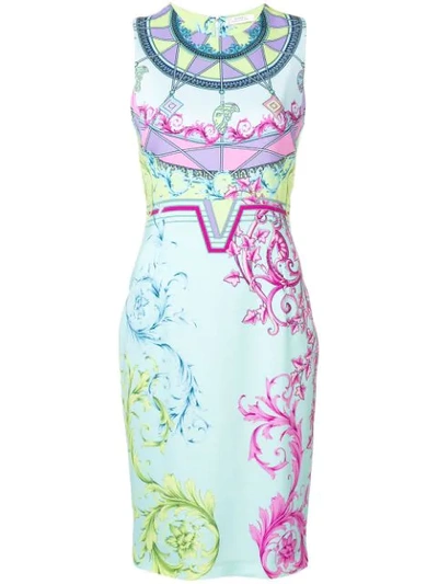 Shop Versace Collection Fitted Printed Dress - Blue