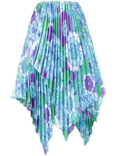 Shop Richard Quinn Floral Print Asymmetric Pleated Skirt In Blue