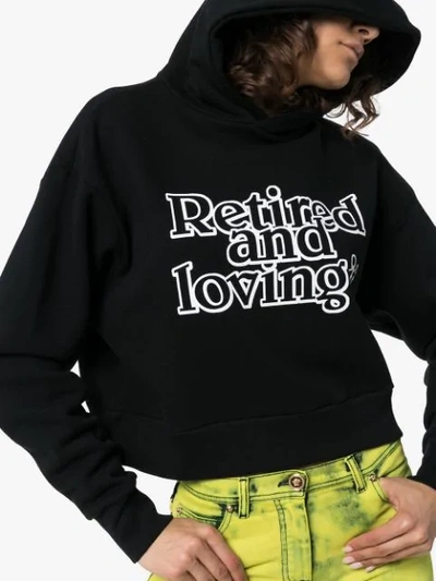 Shop Ashley Williams Slogan Print Cropped Cotton Hoodie In Black