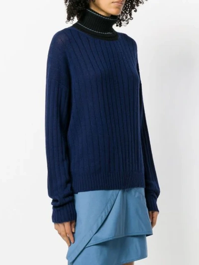 Prada Two-tone Ribbed Cashmere Turtleneck Sweater In Blue
