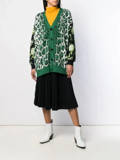 Shop Msgm Oversized Leopard Print V-neck Cardigan In Green
