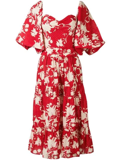 Shop Johanna Ortiz Floral Midi Dress In Red