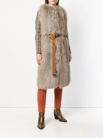 Shop Blancha Belted Fur Gilet In Taupe Terracotta