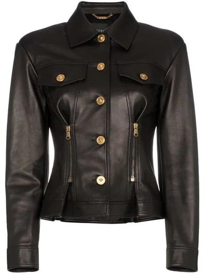 Shop Versace Leather Button Down Zip Detail Jacket In A1008  Black