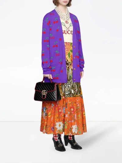Gg & Cherry Intarsia Wool Knit Cardigan In Purple