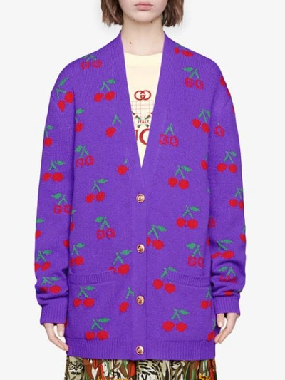 Shop Gucci Gg Jacquard Cherries Cardigan In Purple