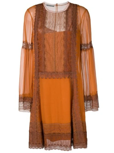 Shop Alberta Ferretti Lace Trim Shift Dress In Orange