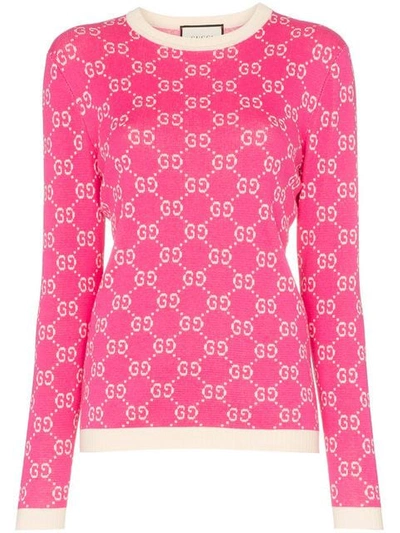 Shop Gucci Gg Logo Intarsia Cotton Jumper In Pink