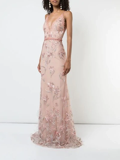 Shop Marchesa Notte Feather Embroidered Sleeveless Gown In Pink