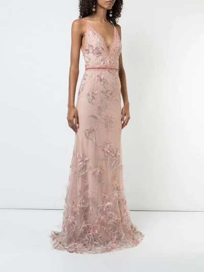 Shop Marchesa Notte Feather Embroidered Sleeveless Gown In Pink