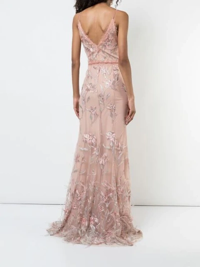 Shop Marchesa Notte Feather Embroidered Sleeveless Gown In Pink