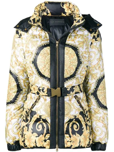 Shop Versace Printed Hooded Padded Jacket In White