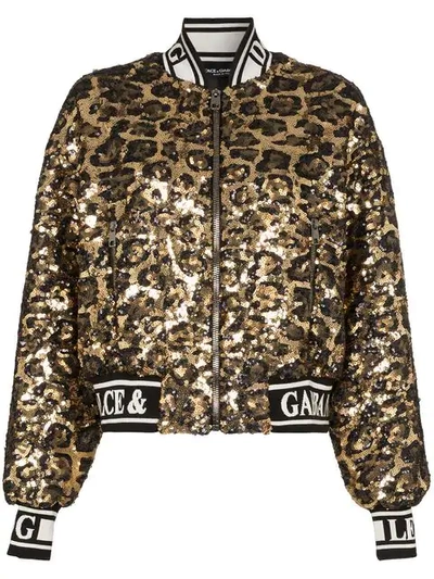 Shop Dolce & Gabbana Sequin Embellished Leopard Print Bomber Jacket In Black