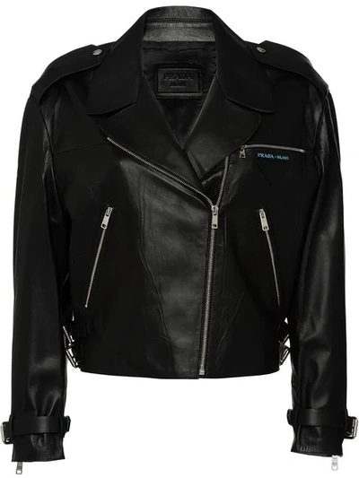 Shop Prada Cropped Leather Biker Jacket With Zipper In Black