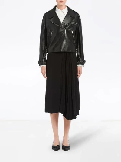 Shop Prada Cropped Leather Biker Jacket With Zipper In Black