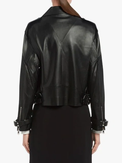 Shop Prada Cropped Leather Biker Jacket With Zipper In Black