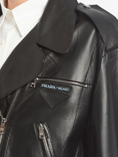 Shop Prada Cropped Leather Biker Jacket With Zipper In Black