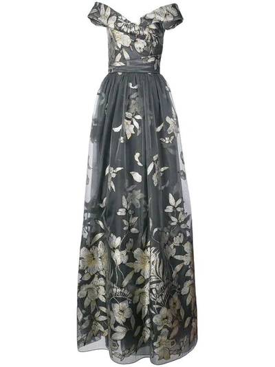 Shop Marchesa Notte Embroidered Off The Shoulder Gown In Grey