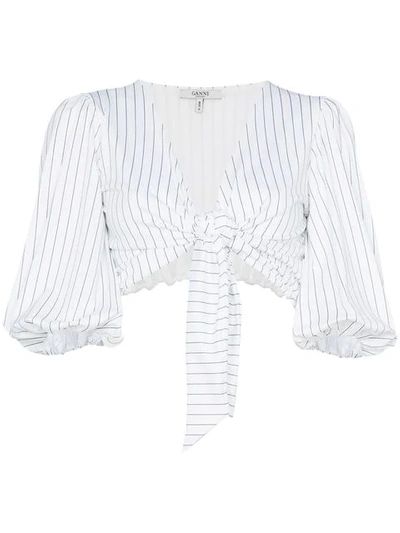 Shop Ganni White Stripe Crop Top With Puff Sleeves