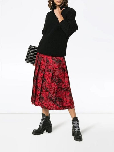 Shop Gucci Tiger Print Pleated Skirt In Red