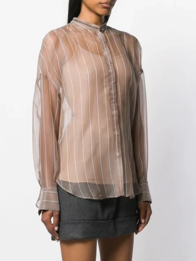 Shop Brunello Cucinelli Sheer Mandarin Collar Shirt In Neutrals