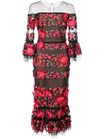 Shop Marchesa Notte Floral-appliquéd Lace Dress In Black
