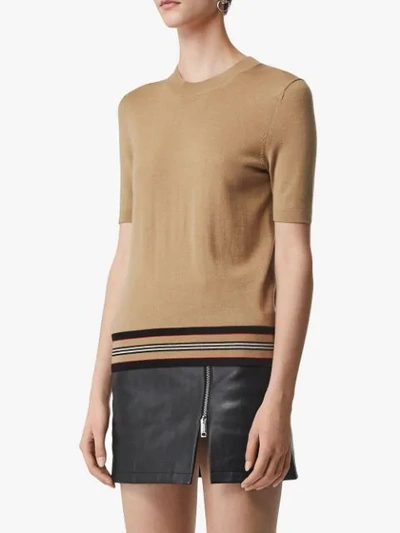Shop Burberry Short-sleeve Icon Stripe Detail Merino Wool Top In Brown