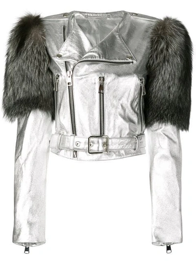 Shop Manokhi Fox Fur Shoulder Jacket In Silver