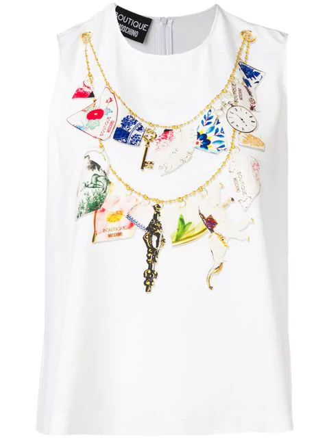 Boutique Moschino Jewel Neck Printed Top In White | ModeSens