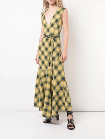 Shop Derek Lam V-neck Gauze Plaid Dress With Asymmetric Hem In Yellow